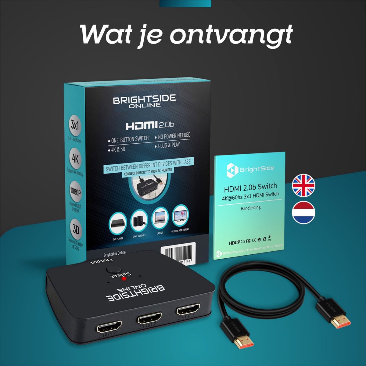 Brightside HDMI switch – 3 ingangen 1 uitgang – 4K@60hz – HDMI kabel inbegrepen