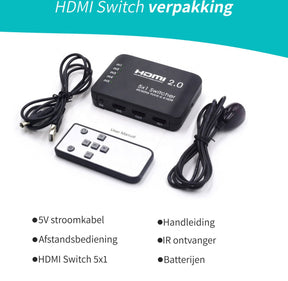 Brightside HDMI Switch - 5 in 1 uit - Ondersteunt 4K@60Hz 3D HD 1080p - Met afstandsbediening