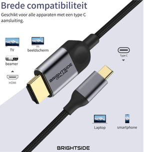 Brightside USB-C naar HDMI kabel – 4K bij 30Hz – Premium Nylon Gevlochten – 1,8 meter